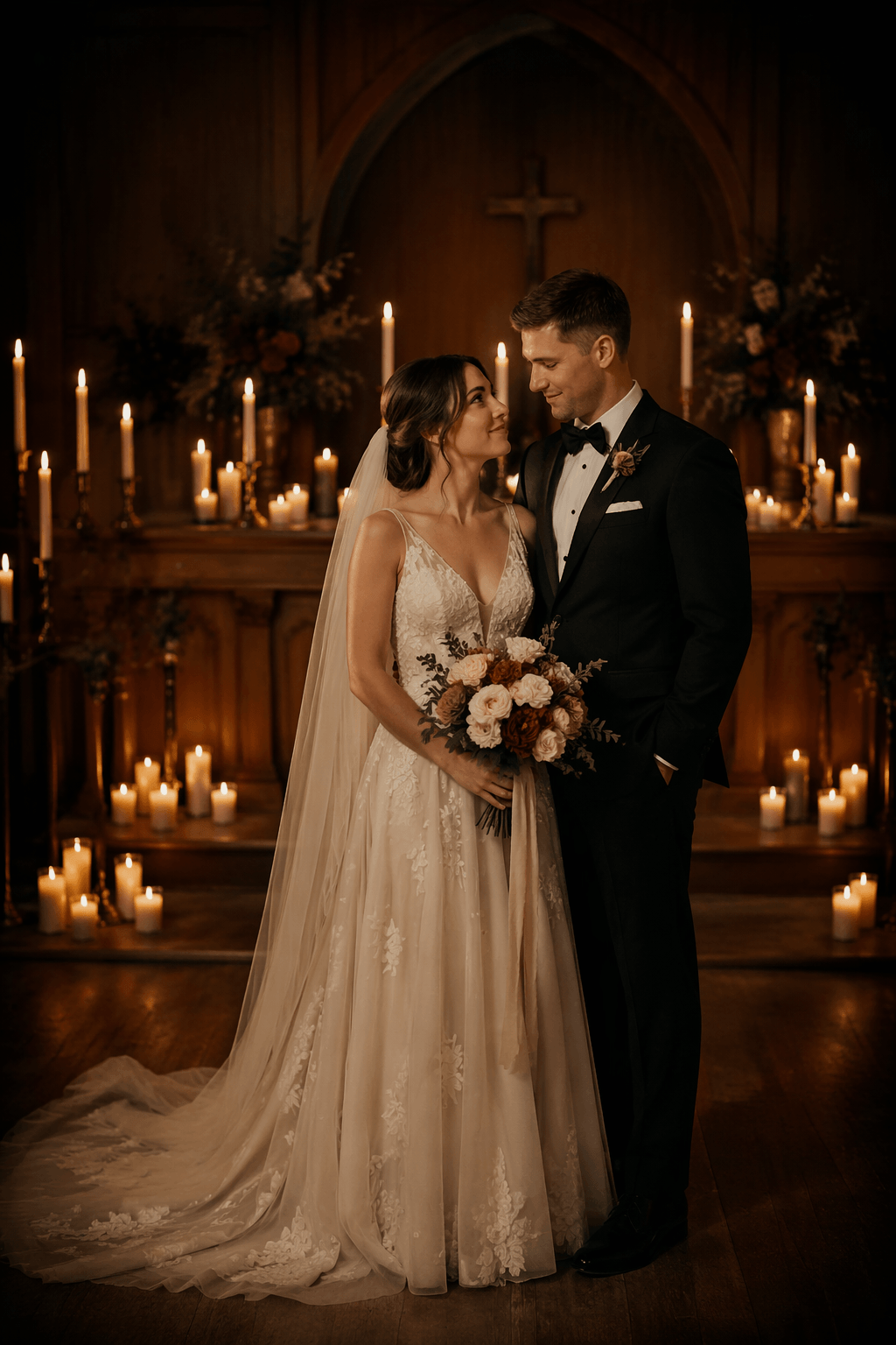 Candlelit chapel wedding portrait style sample